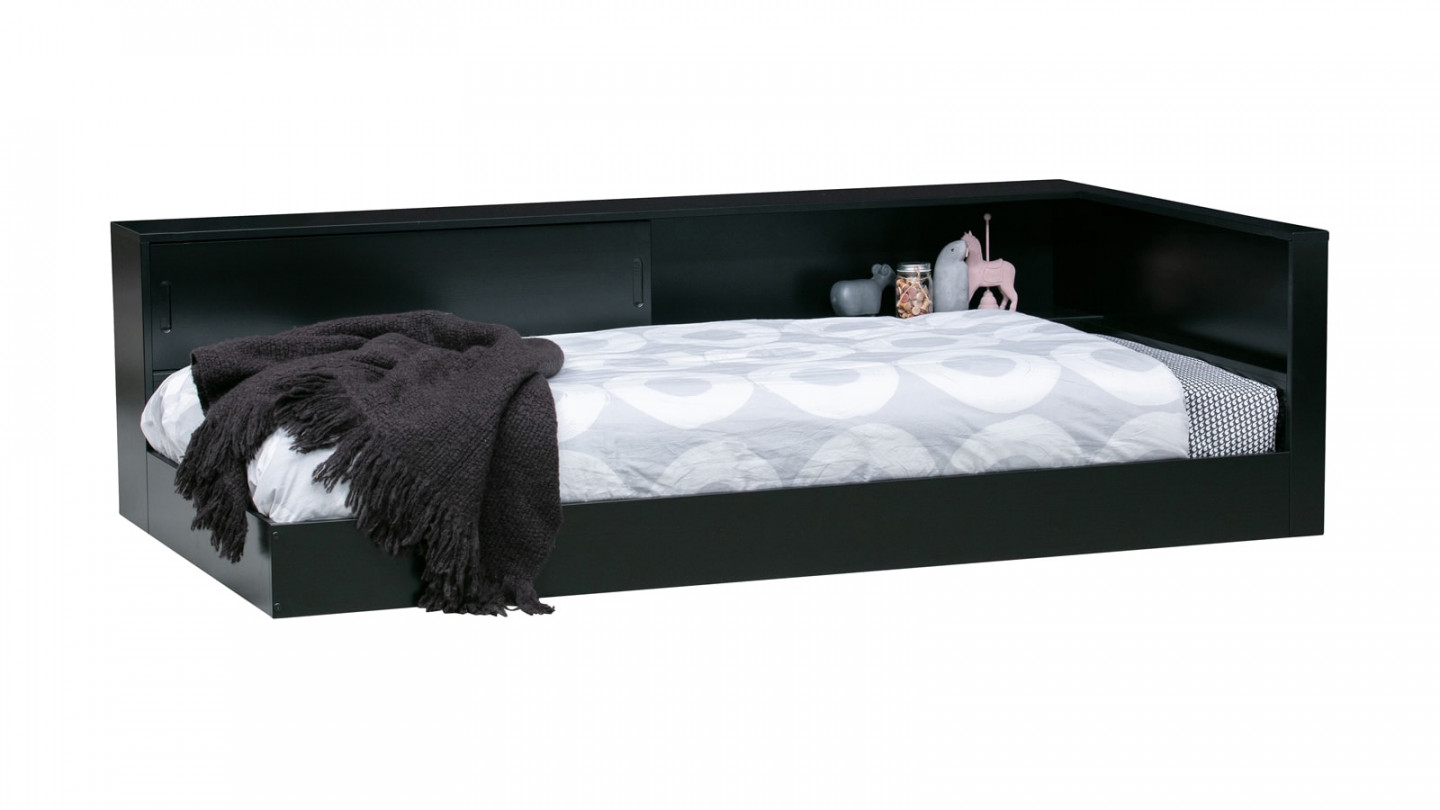 Lit pour enfant d'angle avec rangements en pin laqué noir - Collection Connect - Woood