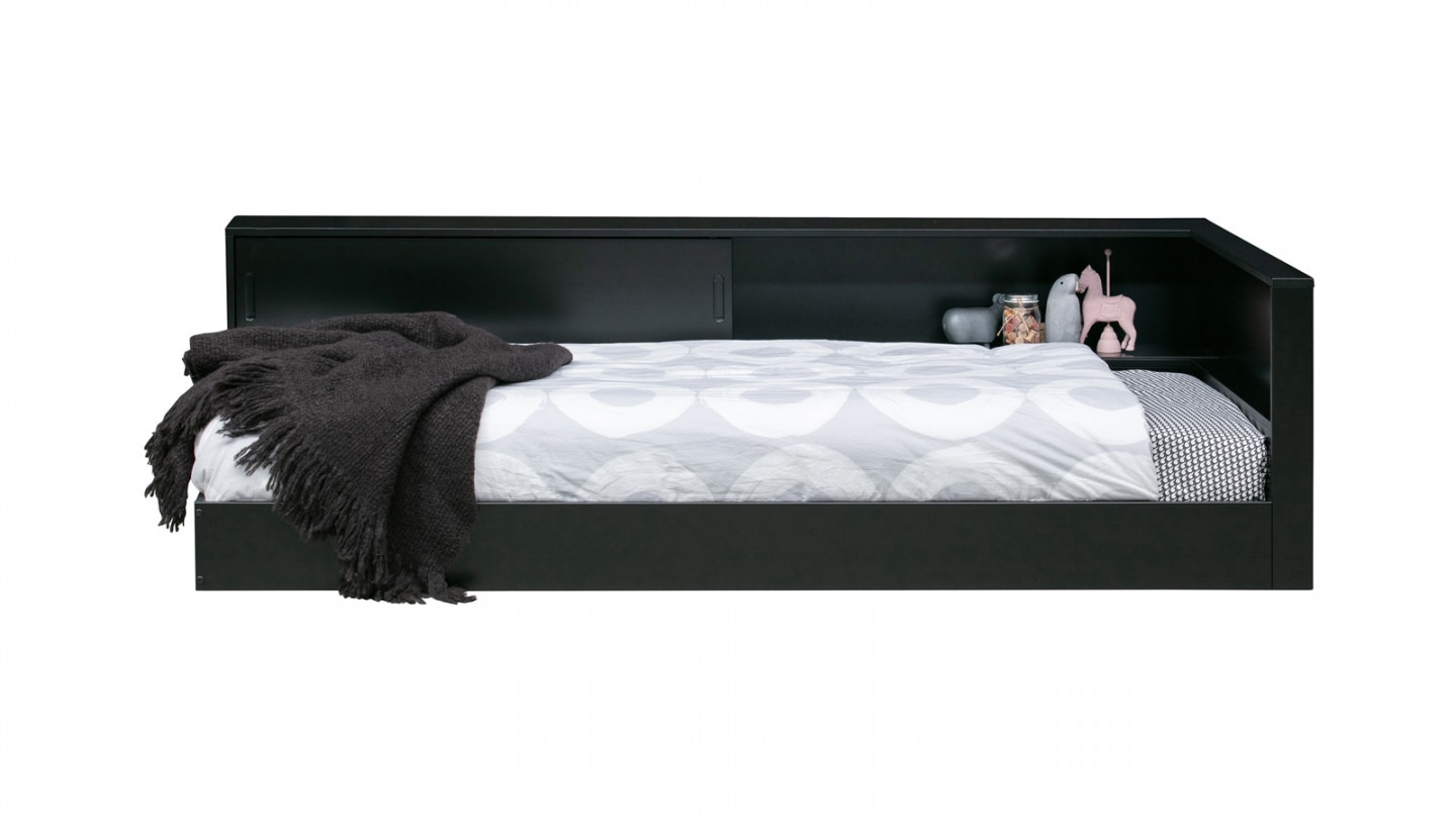 Lit pour enfant d'angle avec rangements en pin laqué noir - Collection Connect - Woood