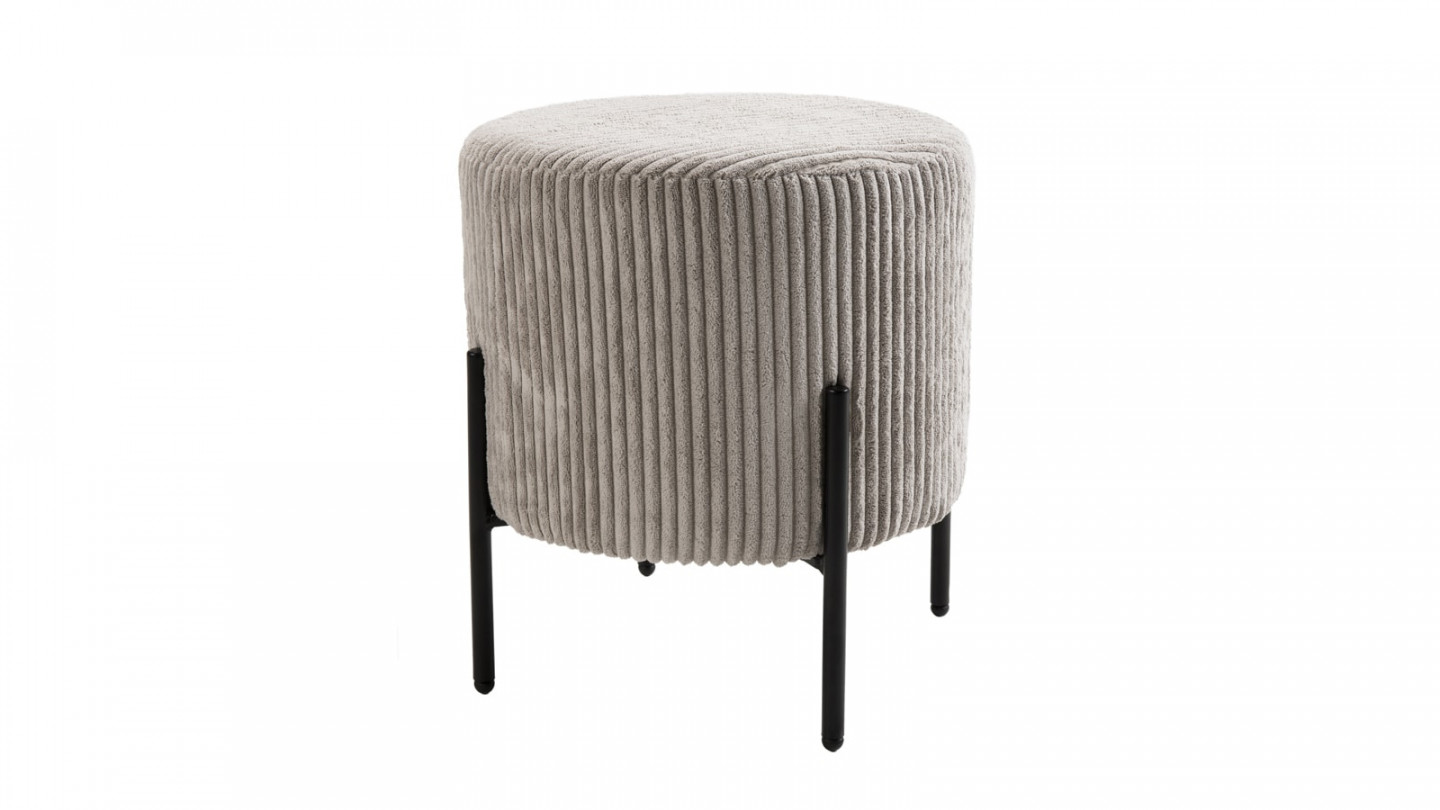 Tabouret rond en velours côtelé gris perle piètement métal - Collection Agathe