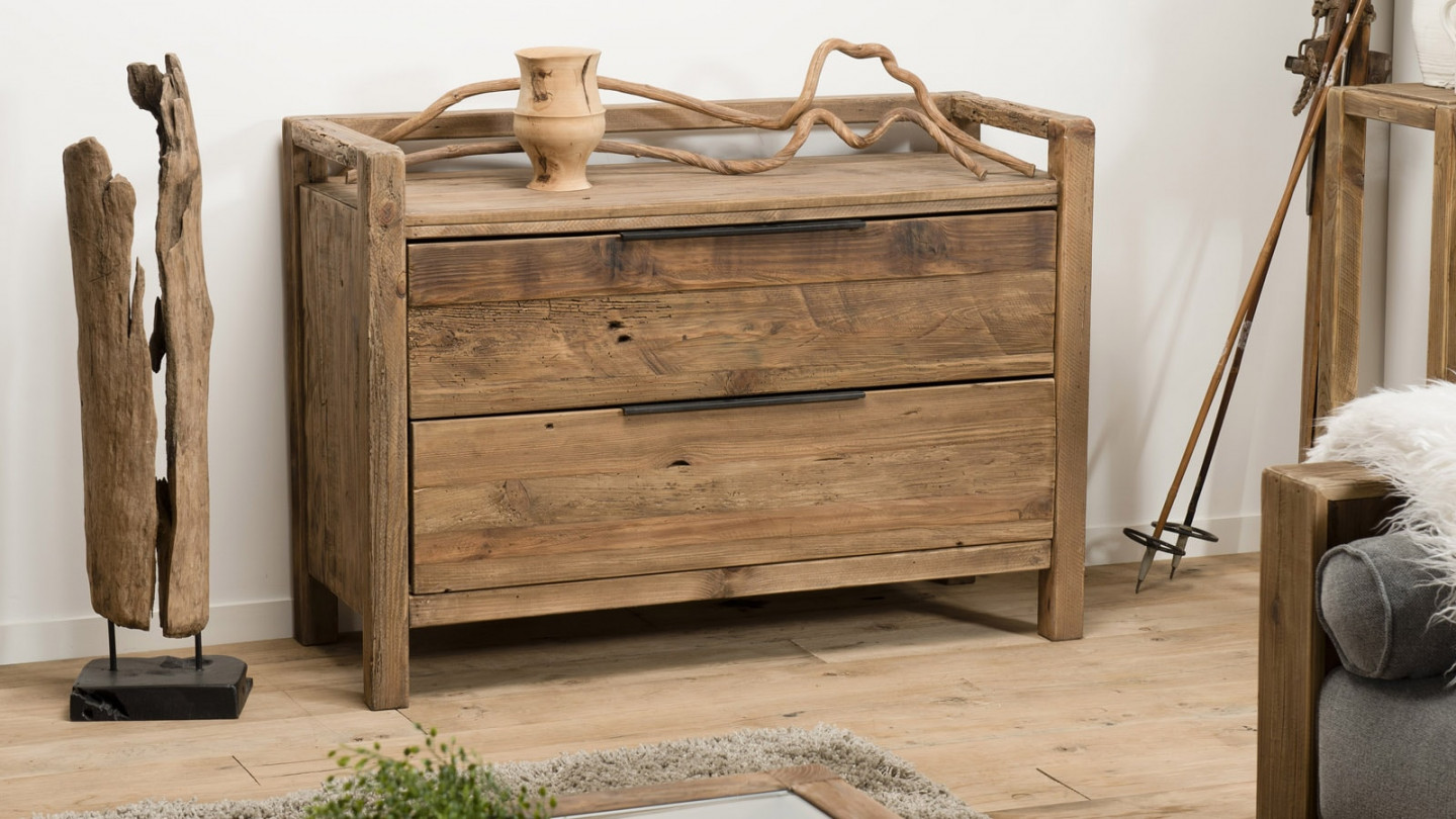 Commode 2 tiroirs en pin recyclé - Collection Sandy