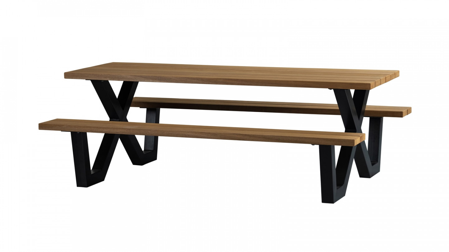 Table de jardin 6 personnes avec bancs intégrés en bois et métal - Collection Tablo - Woood