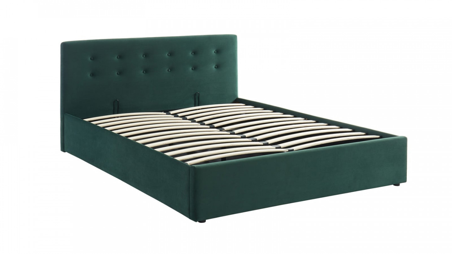 Lit coffre 160x200 en velours vert avec tête de lit et sommier à lattes - Collection Tina