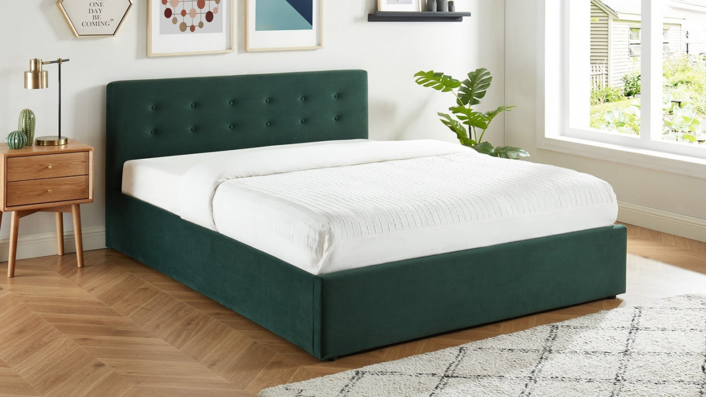 Ensemble lit coffre 160x200 en velours vert + matelas Memo HR avec tête de lit et sommier à lattes - Collection Tina