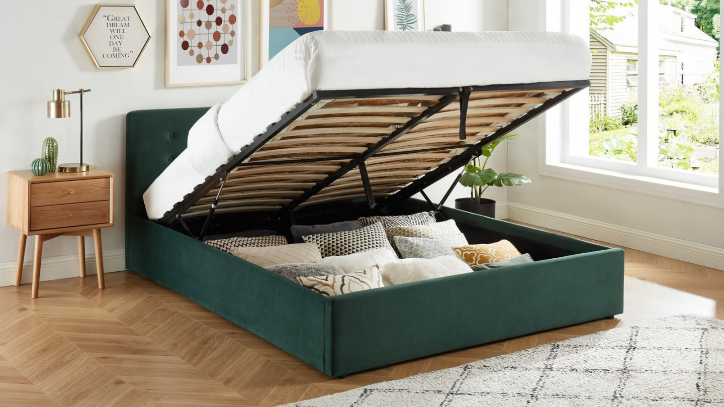 Ensemble lit coffre 160x200 en velours vert + matelas Memo HR avec tête de lit et sommier à lattes - Collection Tina