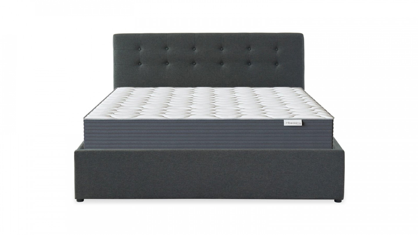 Ensemble lit coffre 160x200 en tissu gris anthracite + matelas Memo HR avec tête de lit et sommier à lattes - Collection Tina