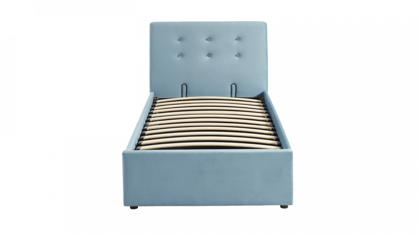 Ensemble lit coffre enfant 90x190 en velours bleu + matelas Memo HR avec tête de lit, sommier à lattes - Collection Tina