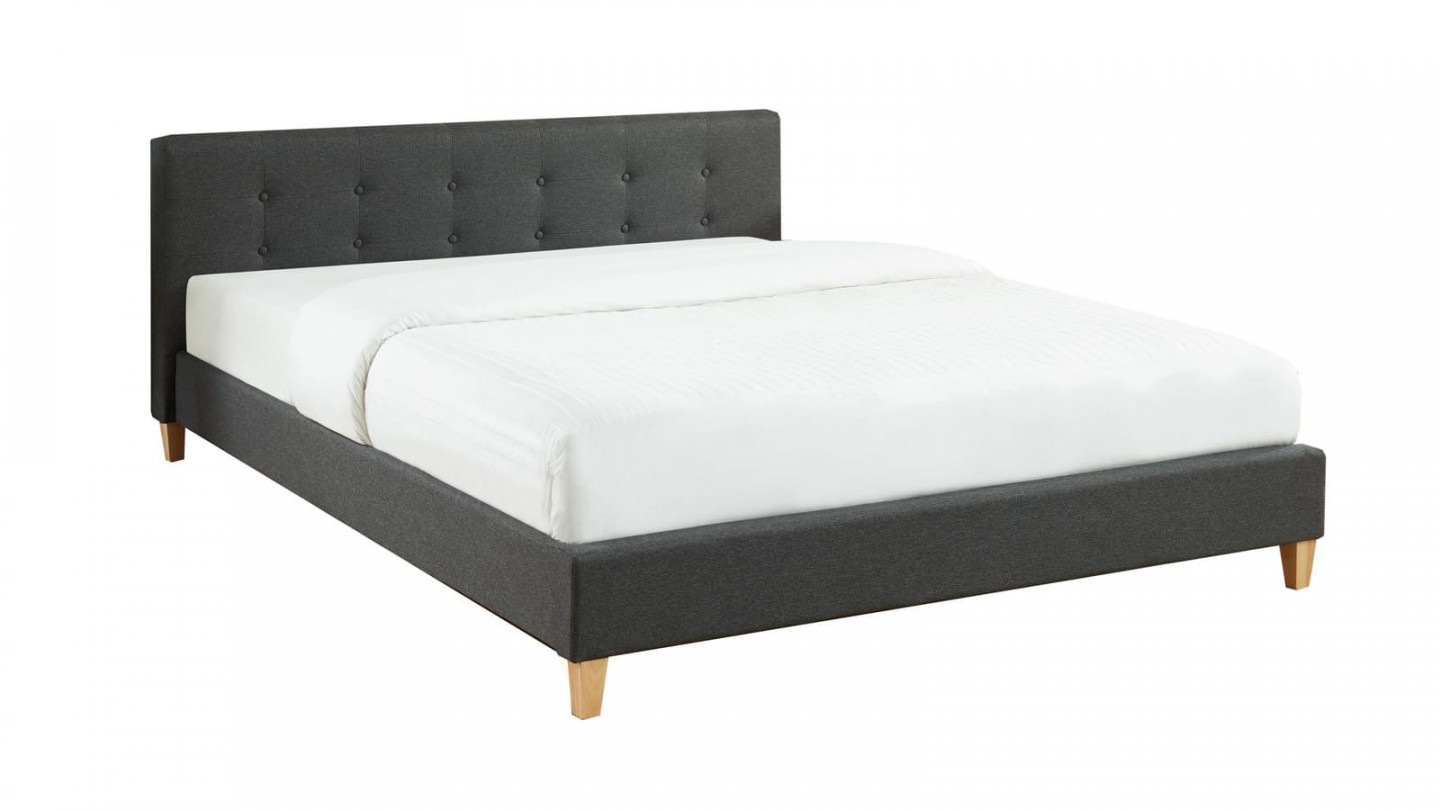 Ensemble lit + matelas Memo HR avec tête de lit capitonnée en tissu gris foncé - sommier à lattes 160x200cm - Collection Milo