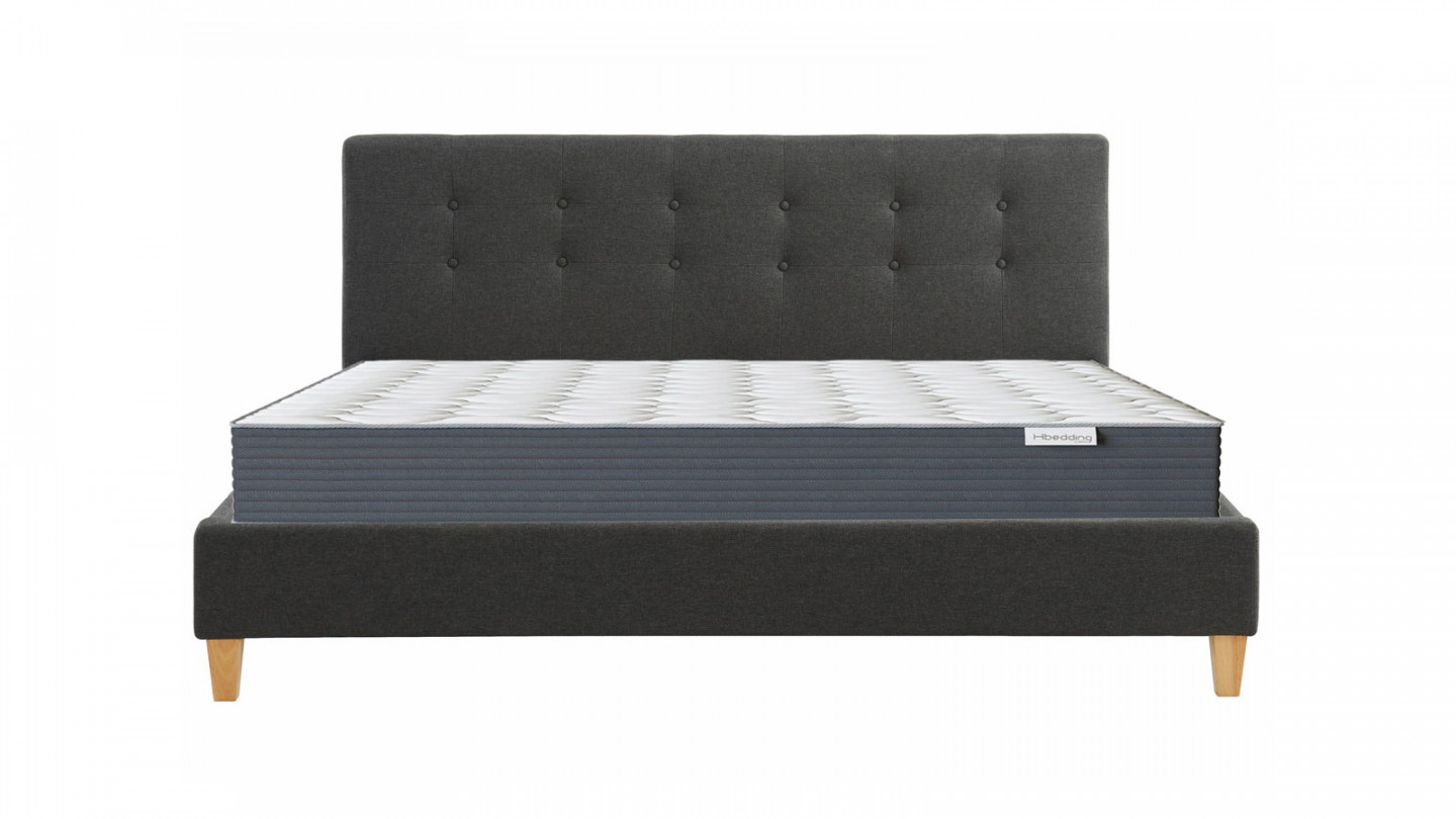 Ensemble lit + matelas Memo HR avec tête de lit capitonnée en tissu gris foncé - sommier à lattes 160x200cm - Collection Milo