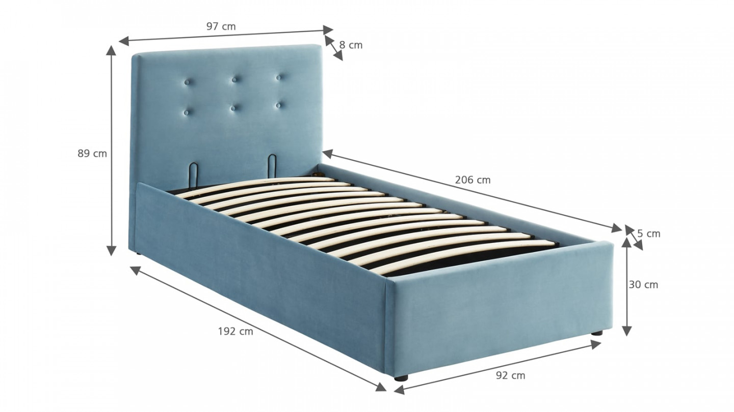 Ensemble lit enfant + matelas Memo HR avec tête de lit capitonnée en velours bleu - sommier à lattes 90x190cm - Collection Milo