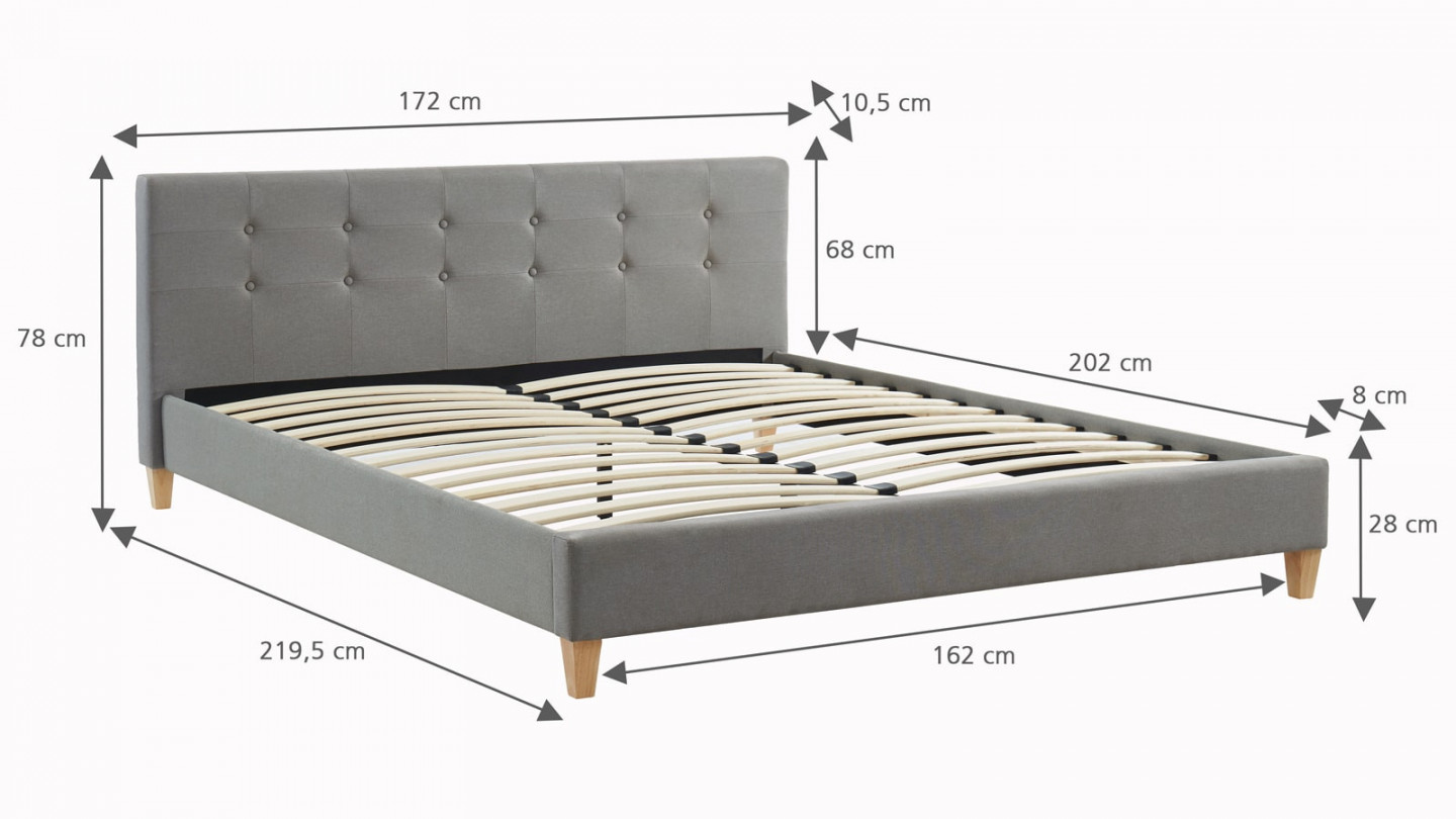 Ensemble lit 160x200cm + matelas Memo HR avec tête de lit capitonnée en tissu gris clair - sommier à lattes - Collection Milo