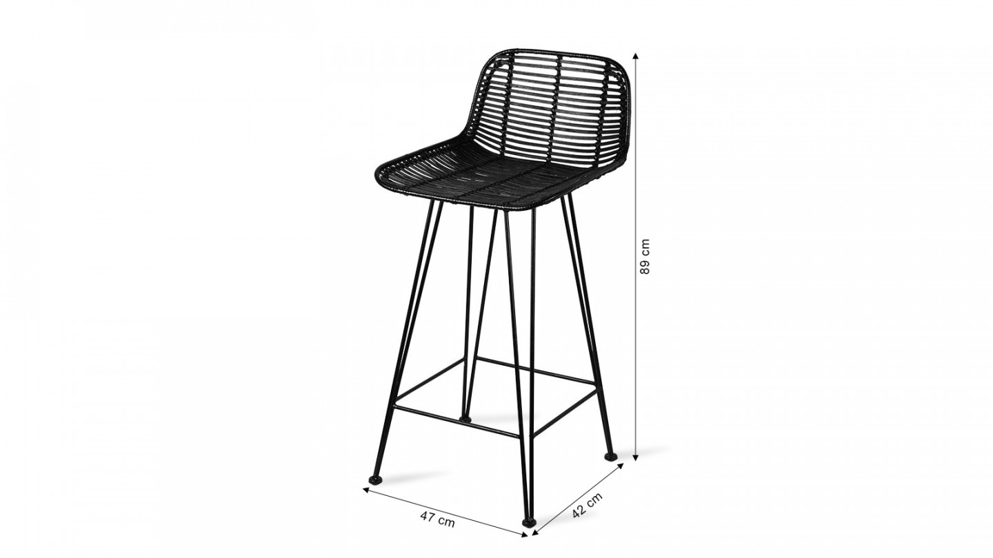 Tabouret de bar en rotin noir piètement métal noir - HK Living