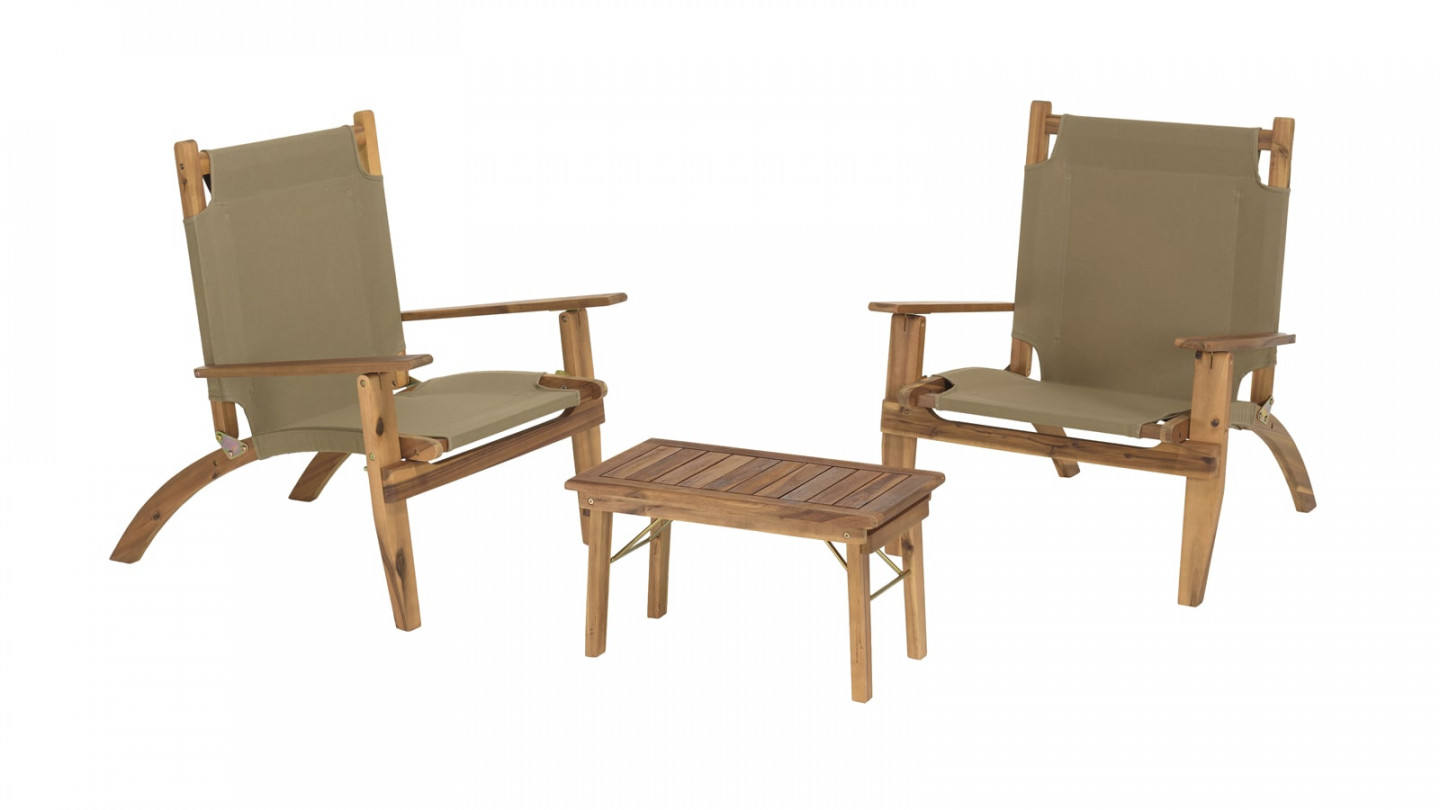 Salon de jardin 2 places avec 2 fauteuils et 1 table basse 63,5x36 cm en bois d'acacia - Vick