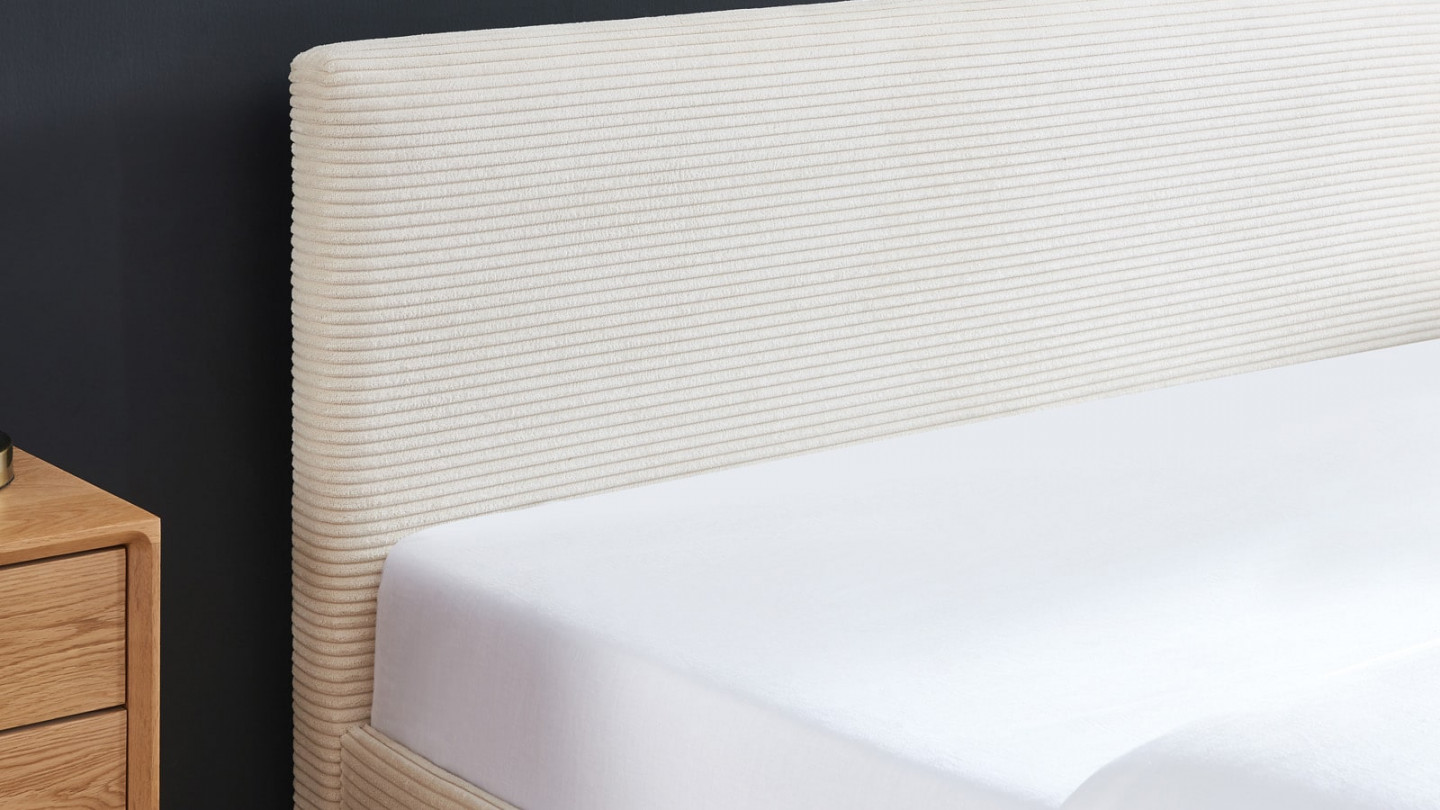  Lit coffre 140x190 en velours côtelé beige avec tête de lit et sommier à lattes - Tina