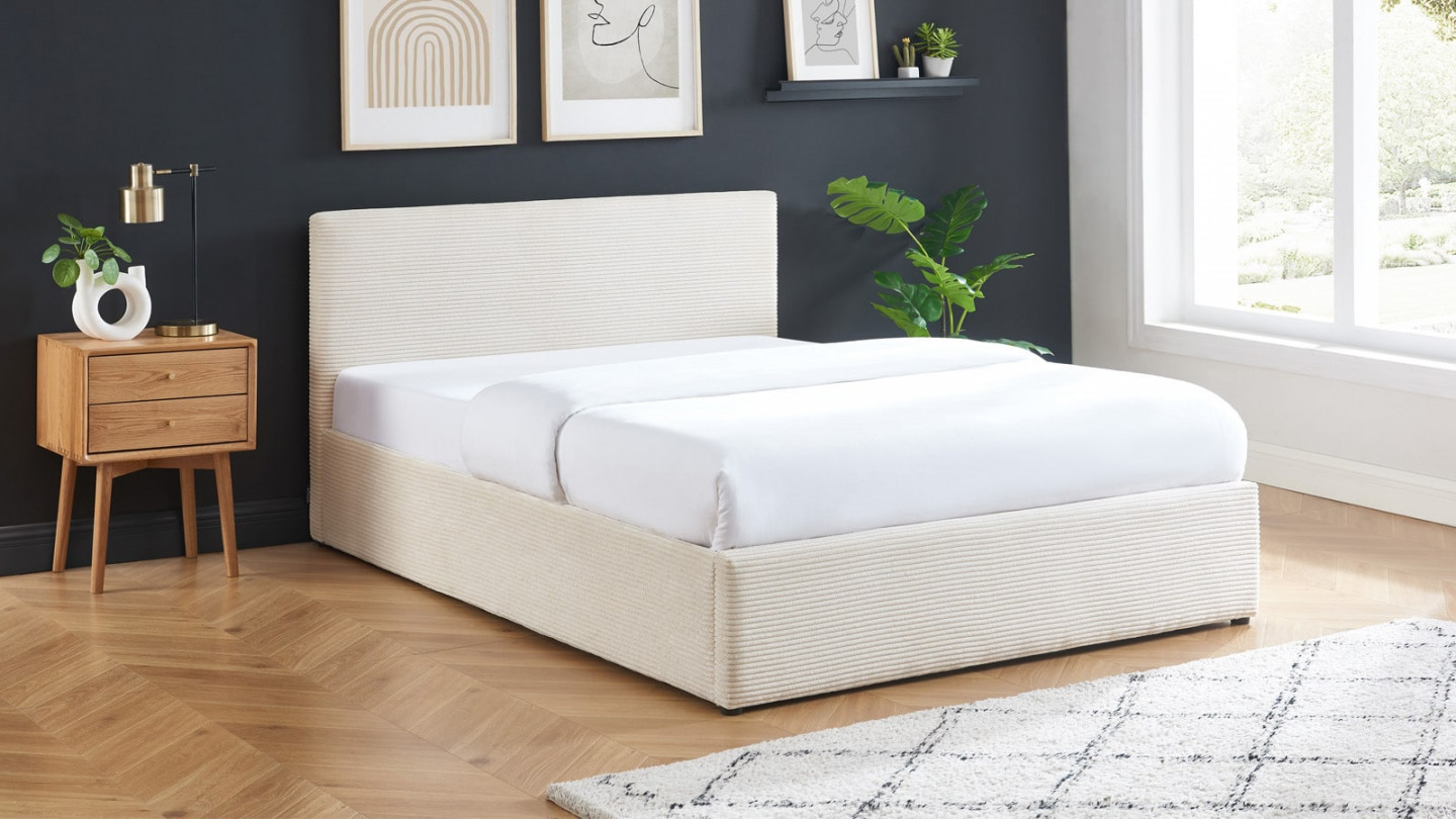  Lit coffre 160x200 en velours côtelé beige avec tête de lit et sommier à lattes - Tina