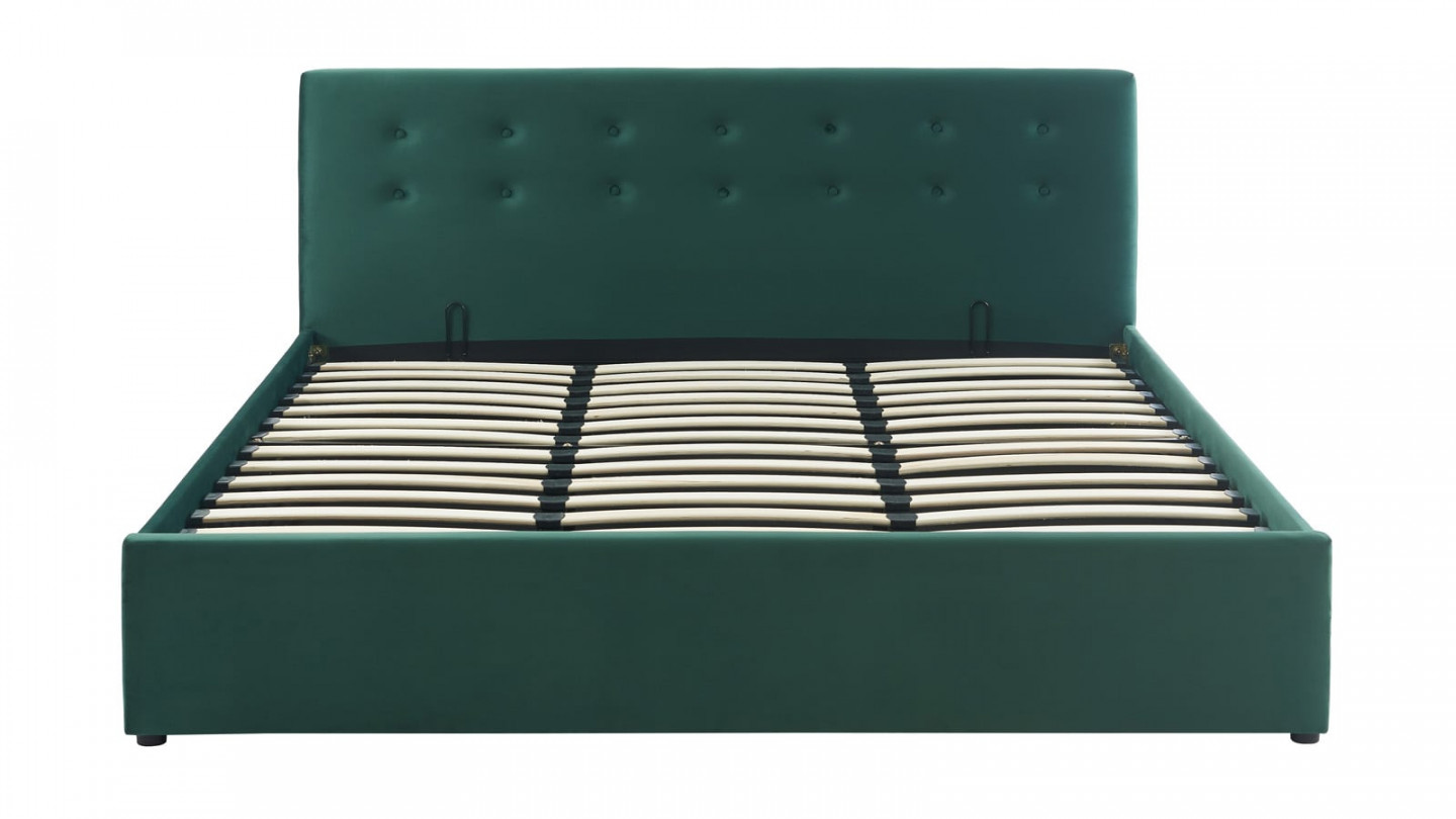  Lit coffre 180x200 en velours vert avec tête de lit et sommier à lattes - Tina