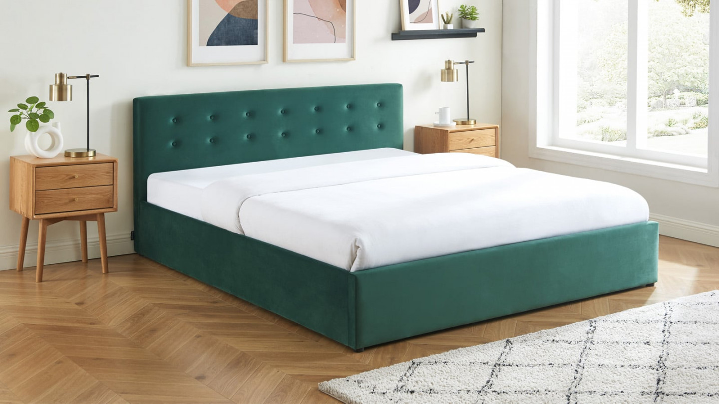  Lit coffre 180x200 en velours vert avec tête de lit et sommier à lattes - Tina