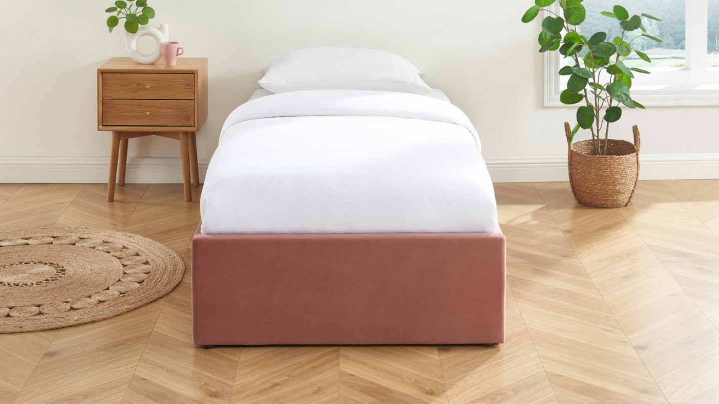 Lit coffre 90x190cm en velours rose + sommier à lattes - Handy