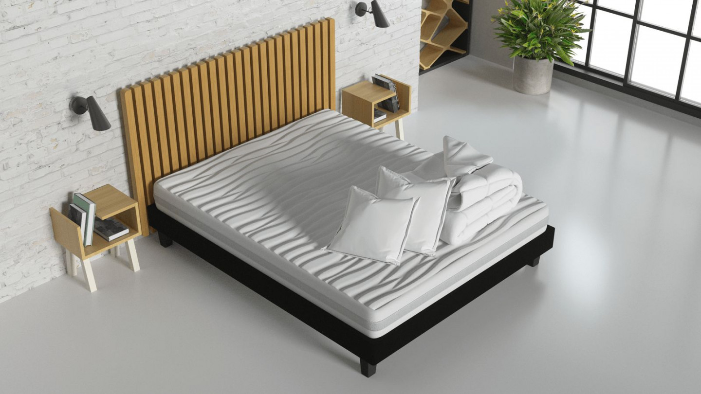 Ensemble matelas mousse 160x200 + sommier à lattes + couette + 2 oreillers - Clean Confort