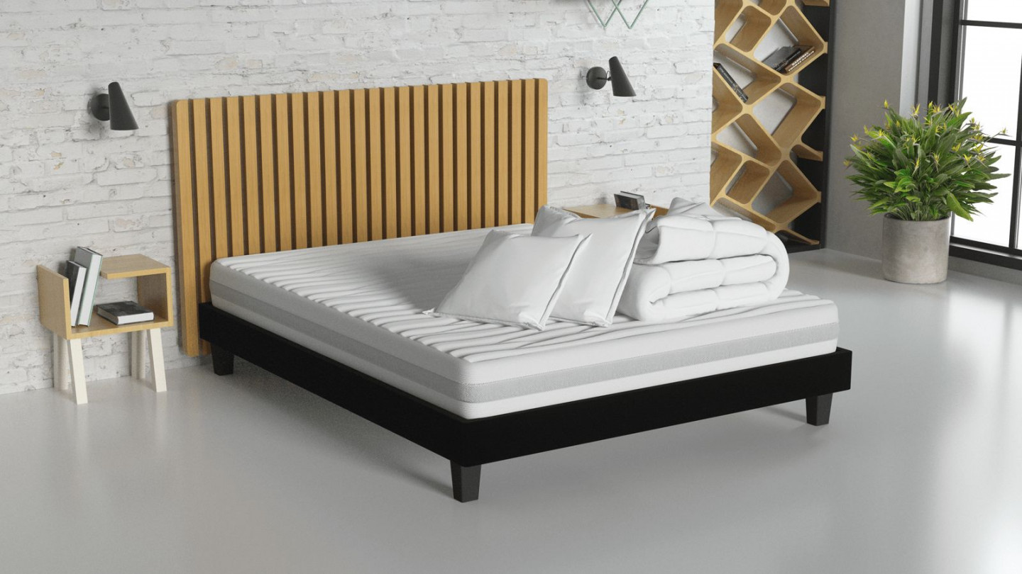 Ensemble matelas mousse 140x190 + sommier à lattes + couette + 2 oreillers - Clean Confort