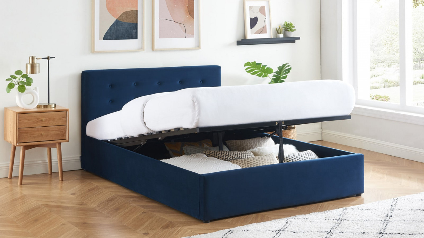 Ensemble lit coffre Tina en velours foncé 140x190cm + Matelas à mémoire de forme Mémo HR 22 cm