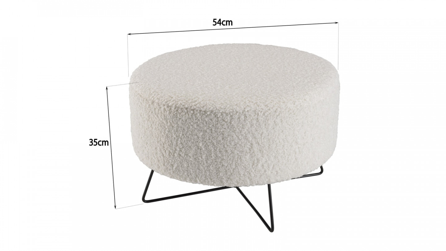 Pouf rond tissu bouclette écru pieds croisés métal noir - Albane