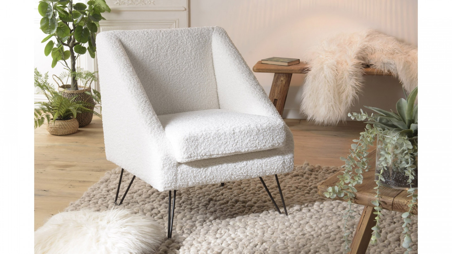 Fauteuil tissu bouclette écru pieds épingles métal noir - Albane