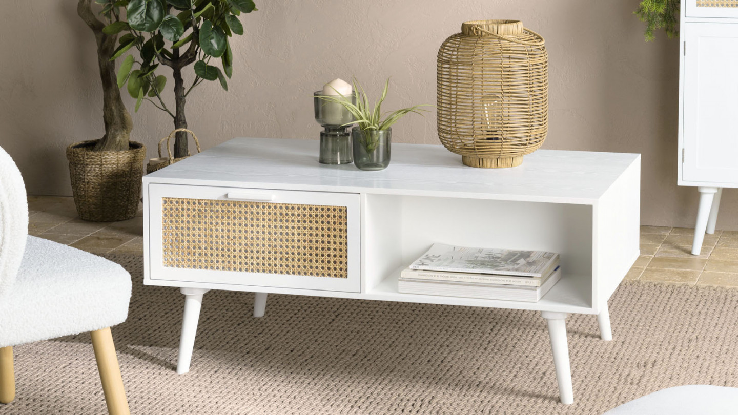 Table basse blanche 2 tiroirs 1 niche cannage naturel - Sandro