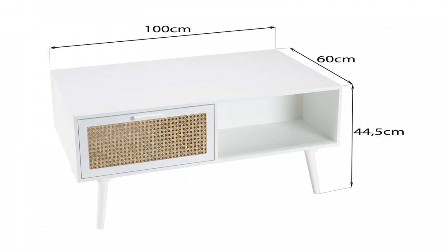 Table basse blanche 2 tiroirs 1 niche cannage naturel - Sandro