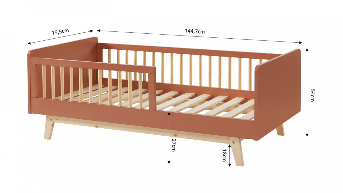 Lit enfant 70x140 en pin massif terracotta avec sommier - Alba