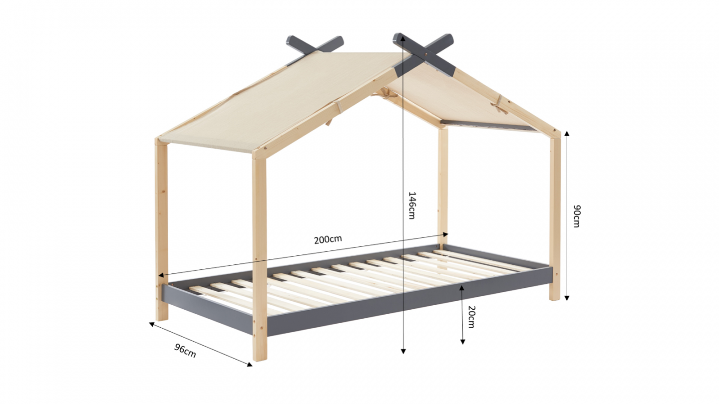 Lit cabane 90x190 en pin massif gris anthracite avec sommier - Charly