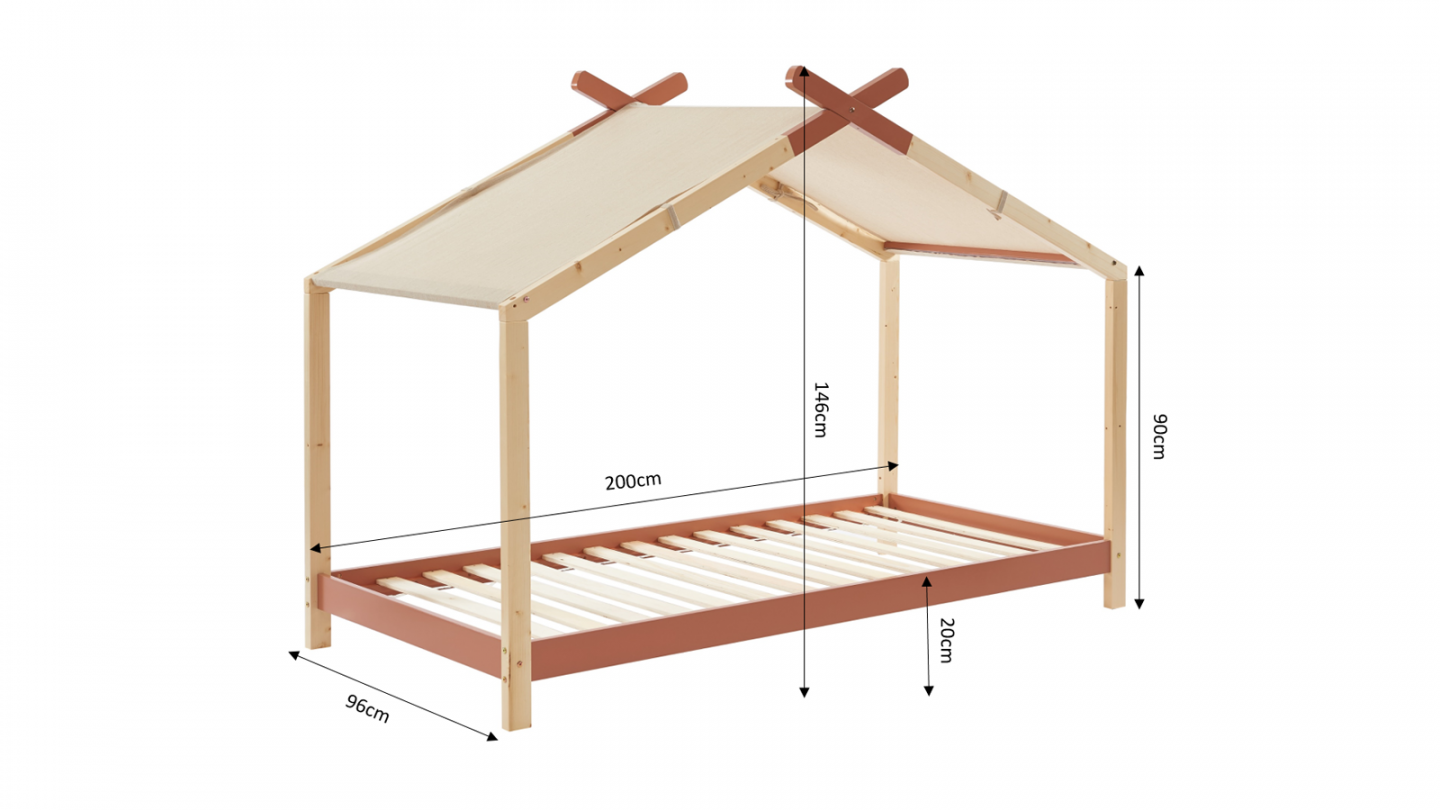 Lit cabane 90x190 en pin massif terracotta avec sommier - Charly