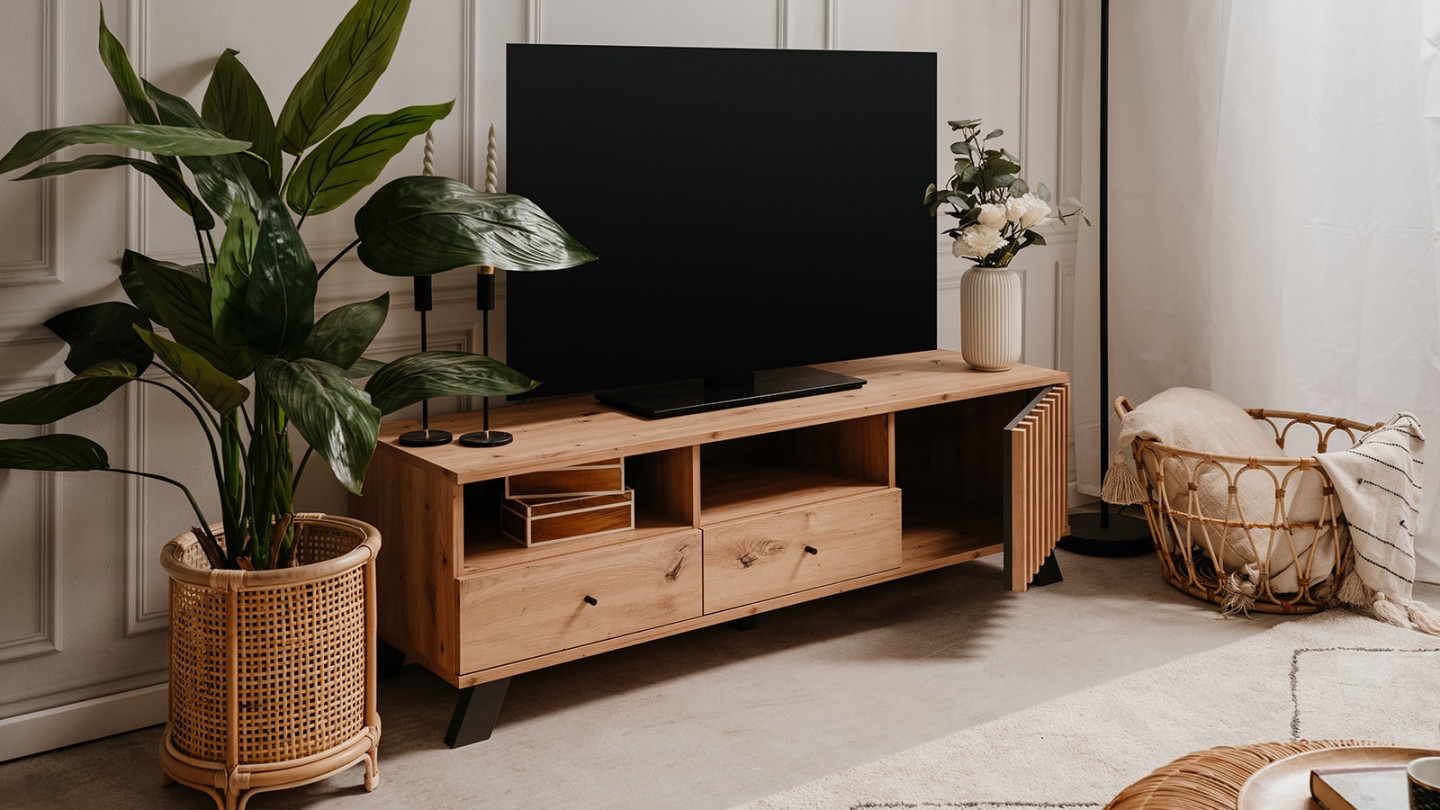 Meuble TV 1 porte 2 tiroirs effet chêne, piétement noir 138 cm - Flavia