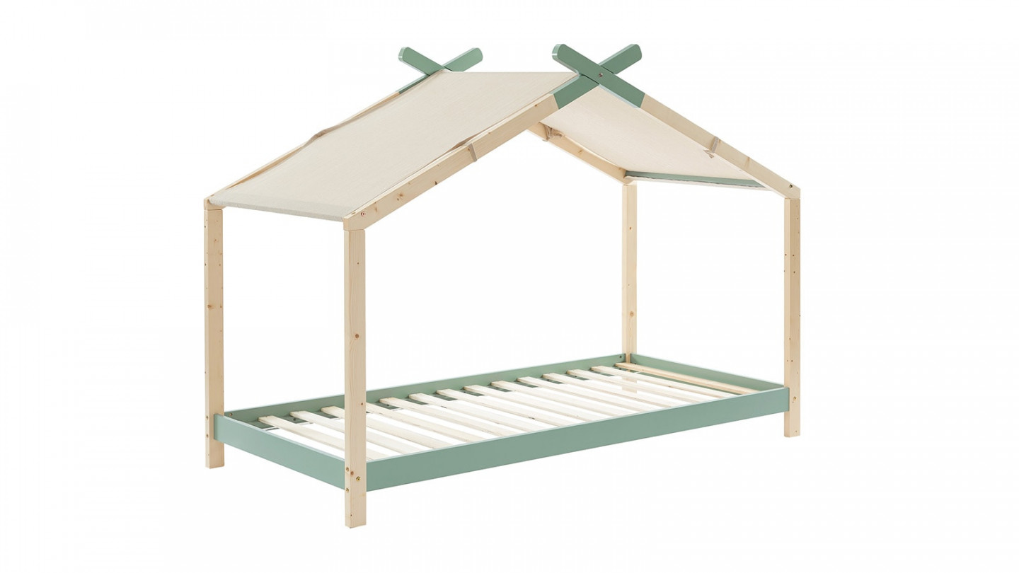 Lit cabane 90x190 en pin massif vert avec sommier - Charly