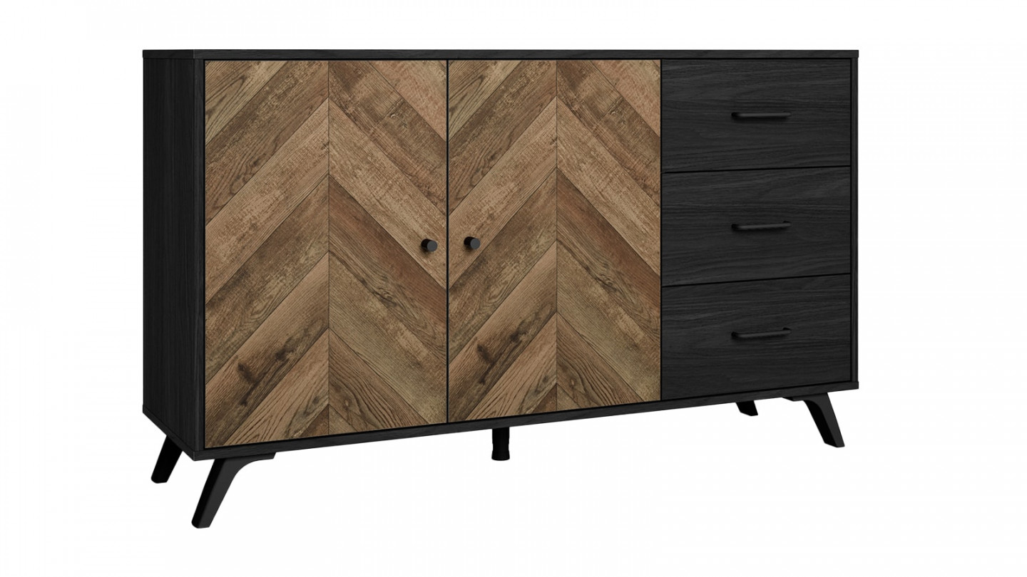 Buffet 2 portes 3 tiroirs effet bois à chevrons / noir 136 cm - Dario