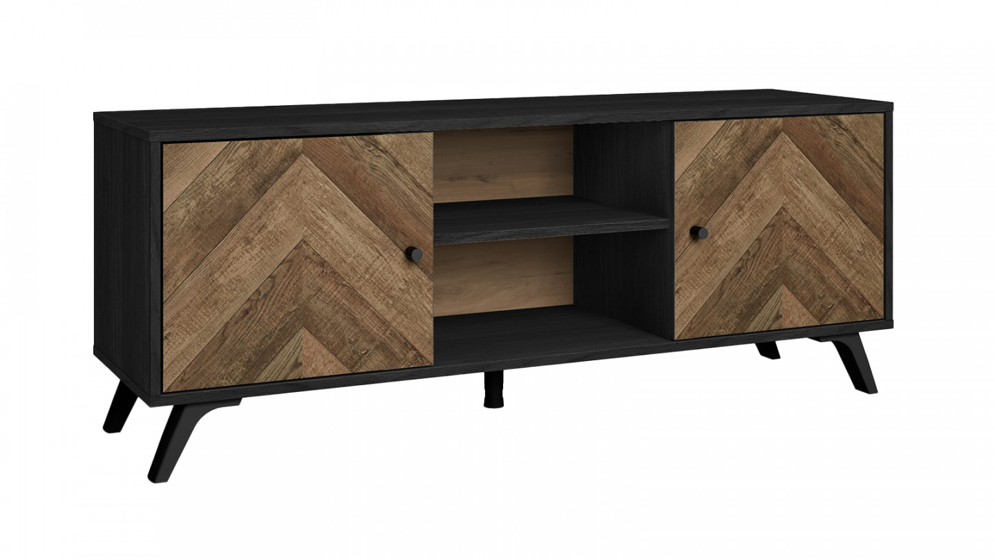 Meuble TV 2 portes effet bois à chevrons / noir 136 cm - Dario