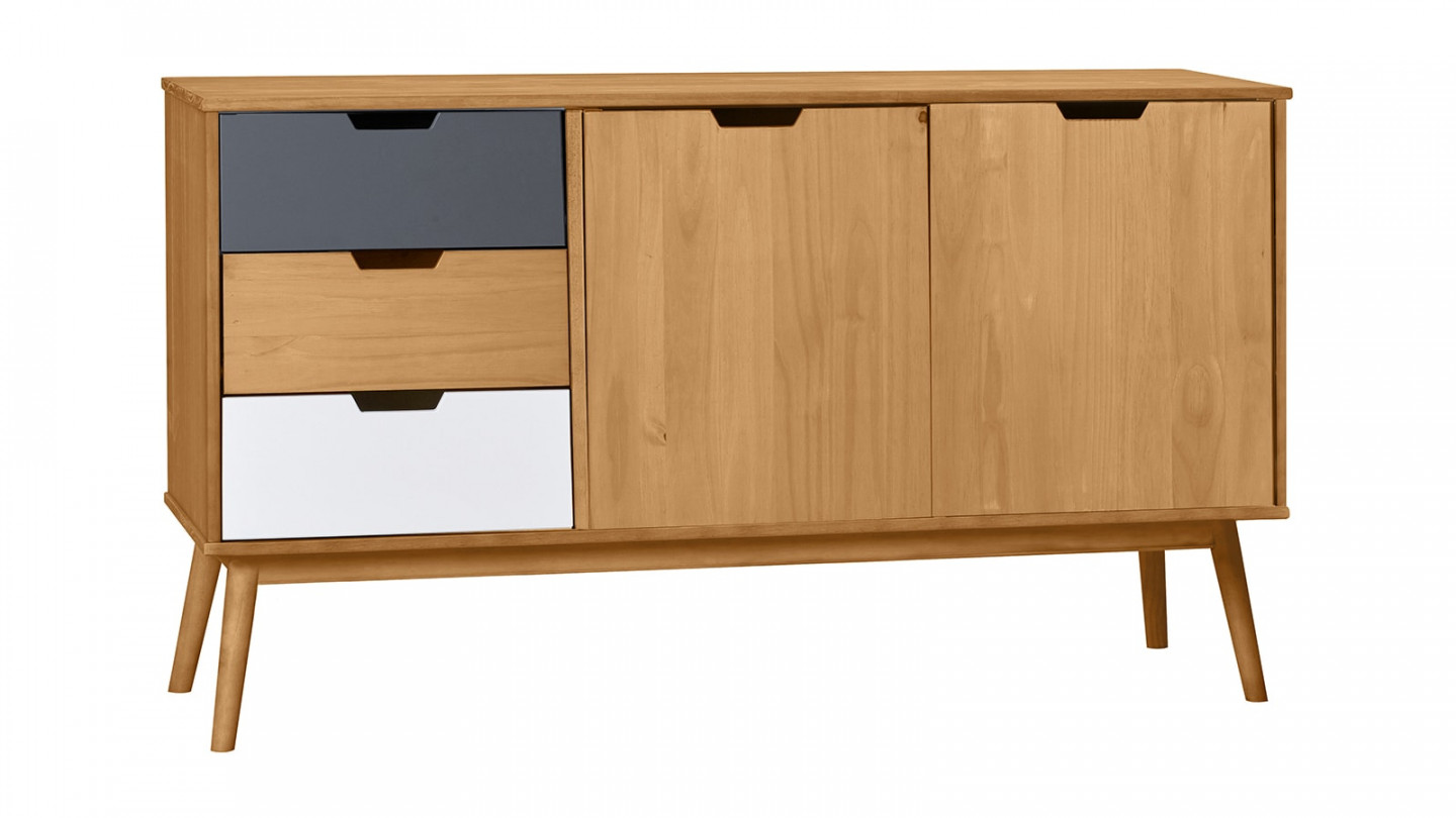 Buffet 2 portes 3 tiroirs bois ciré / blanc / gris 140 cm - Davi