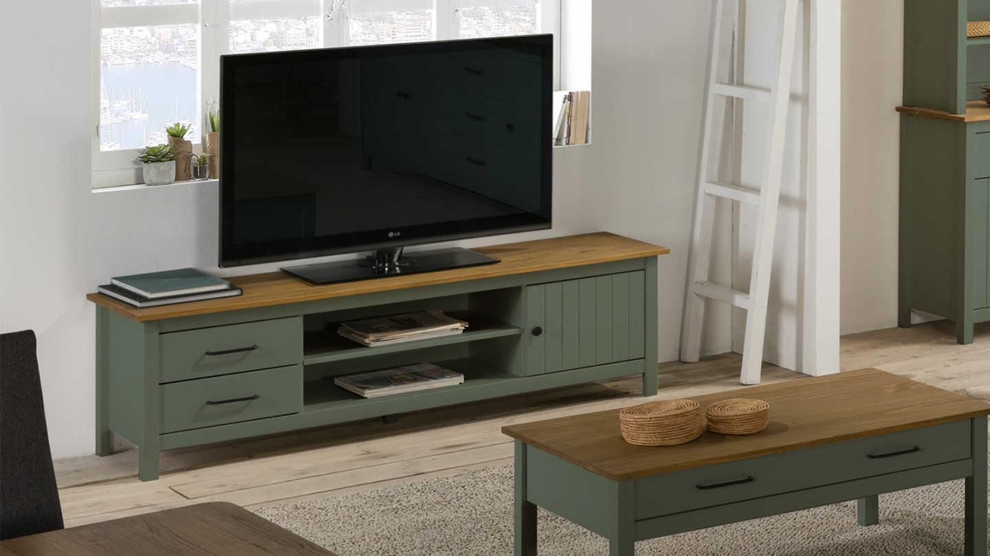 Meuble TV 1 porte 2 tiroirs bois ciré / vert 158 cm - Ida