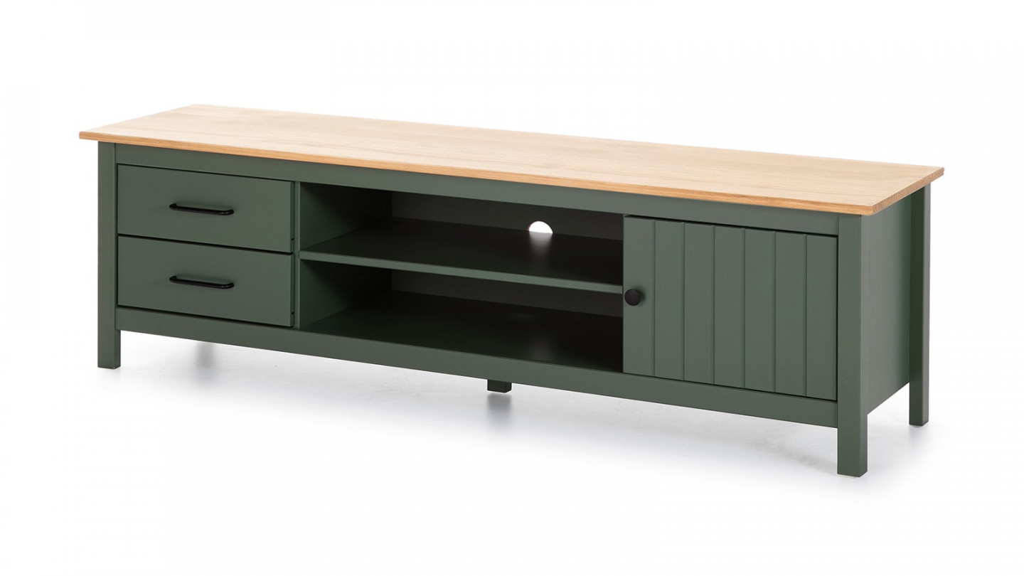 Meuble TV 1 porte 2 tiroirs bois ciré / vert 158 cm - Ida