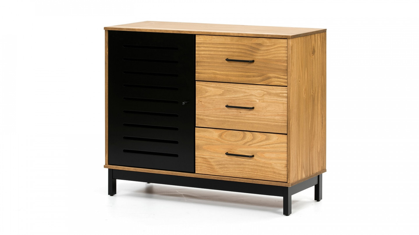 Buffet 1 porte 3 tiroirs bois ciré / noir 95 cm - Rosa