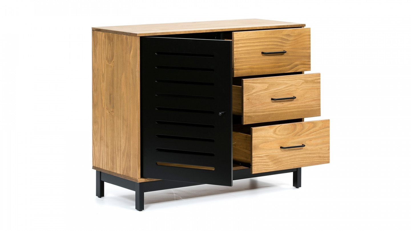 Buffet 1 porte 3 tiroirs bois ciré / noir 95 cm - Rosa