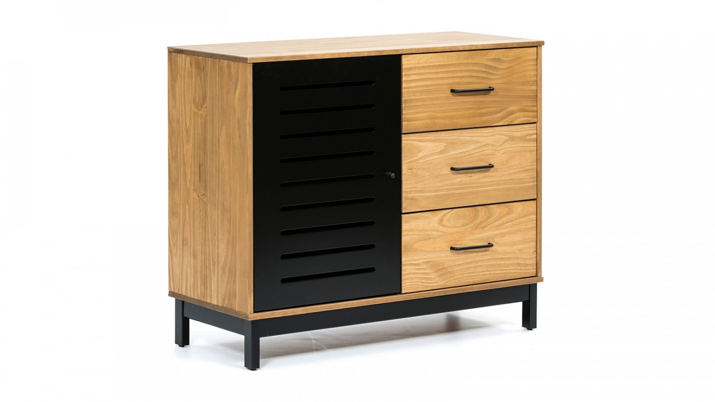 Buffet 1 porte 3 tiroirs bois ciré / noir 95 cm - Rosa