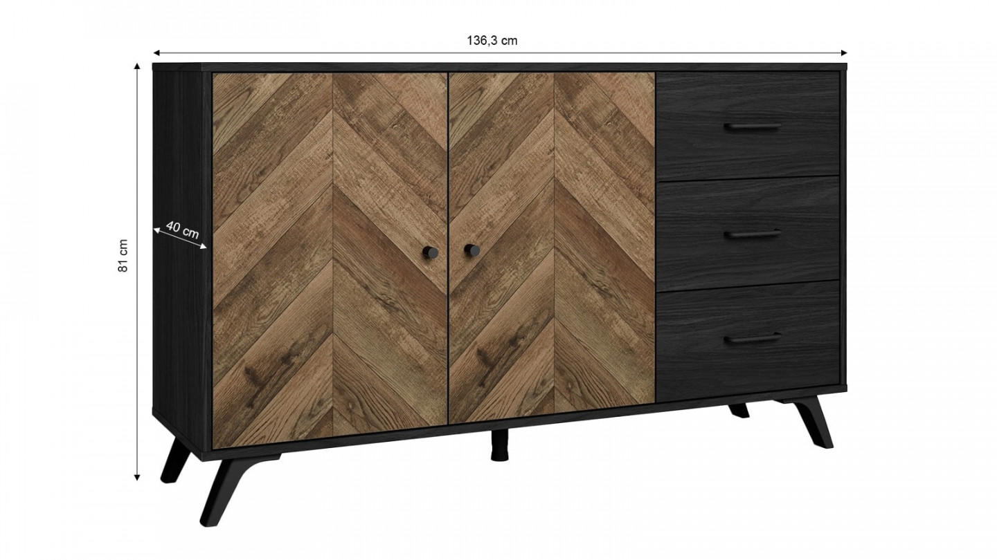 Buffet 2 portes 3 tiroirs effet bois à chevrons / noir 136 cm - Dario