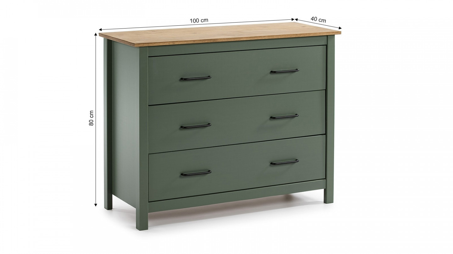 Commodes 3 tiroirs bois ciré / vert 100 cm - Ida