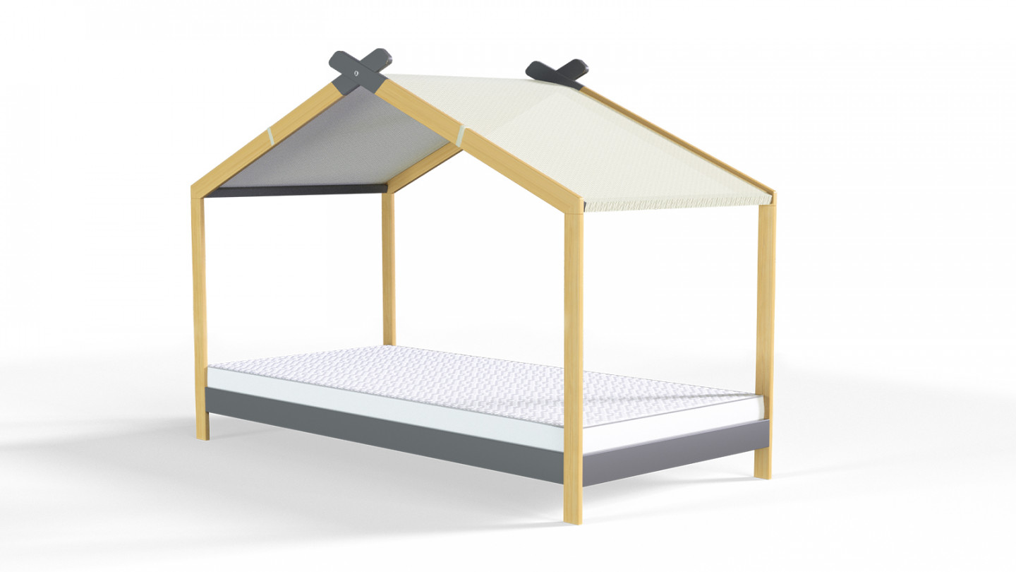 Ensemble lit cabane 90x190 en pin massif gris anthracite avec sommier Charly + matelas mousse Confort Kids