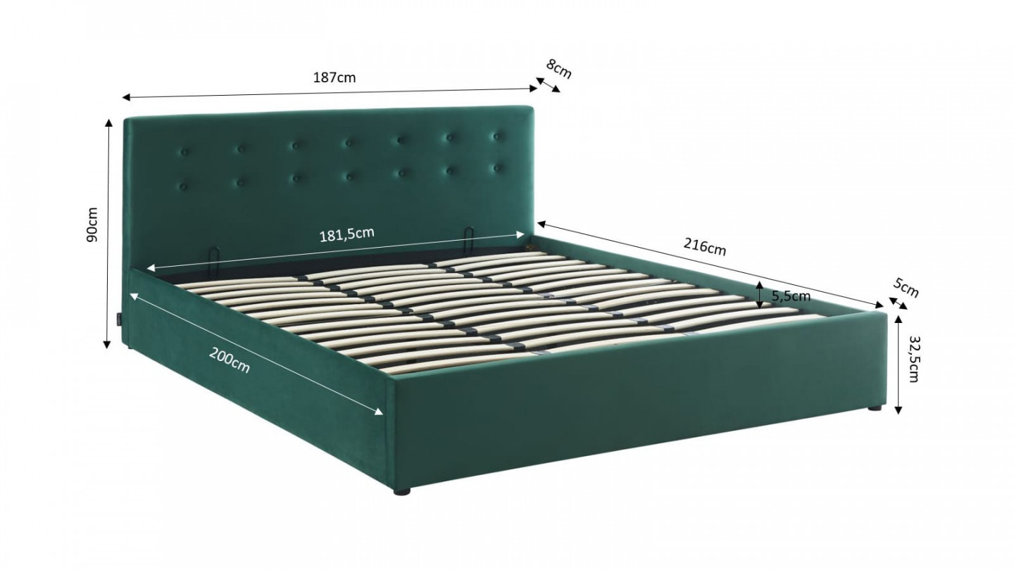  Lit coffre 180x200 en velours vert avec tête de lit et sommier à lattes - Tina