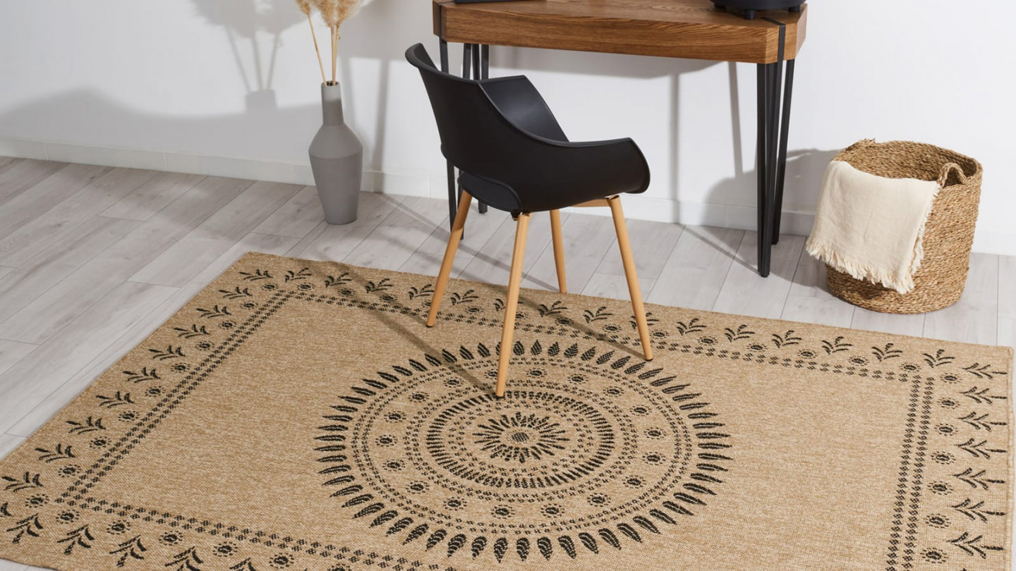 Tapis aspect Jute naturel avec motifs noir 200x290 - Isaura