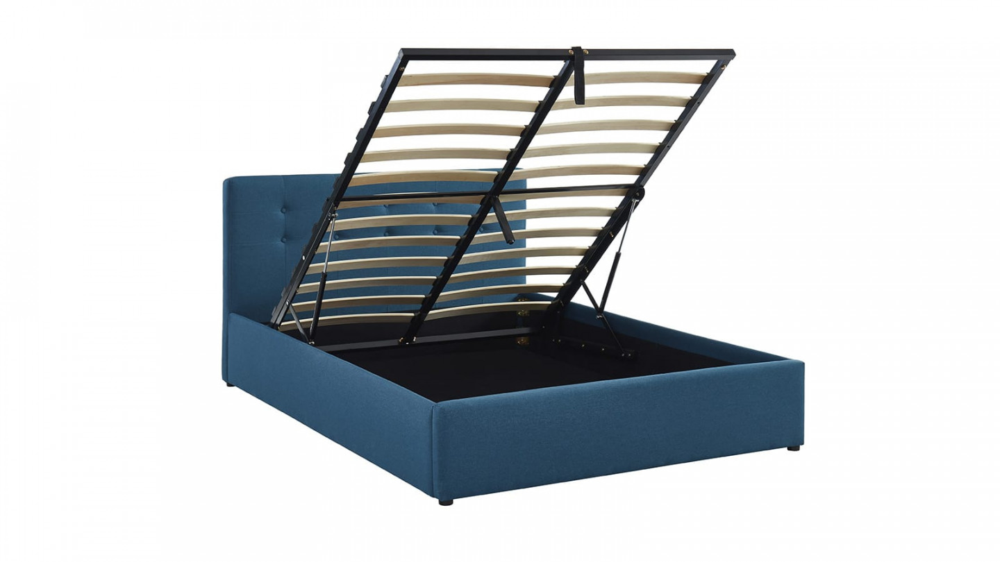 Ensemble lit coffre Tina en tissu bleu canard 140x190cm + Matelas mousse Clean Confort 19 cm