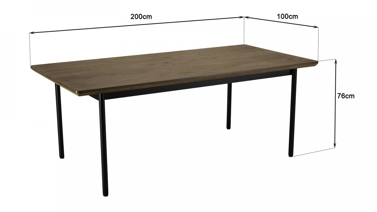 Table à manger rectang. marron foncé 200x100cm pieds métal noir ALMA