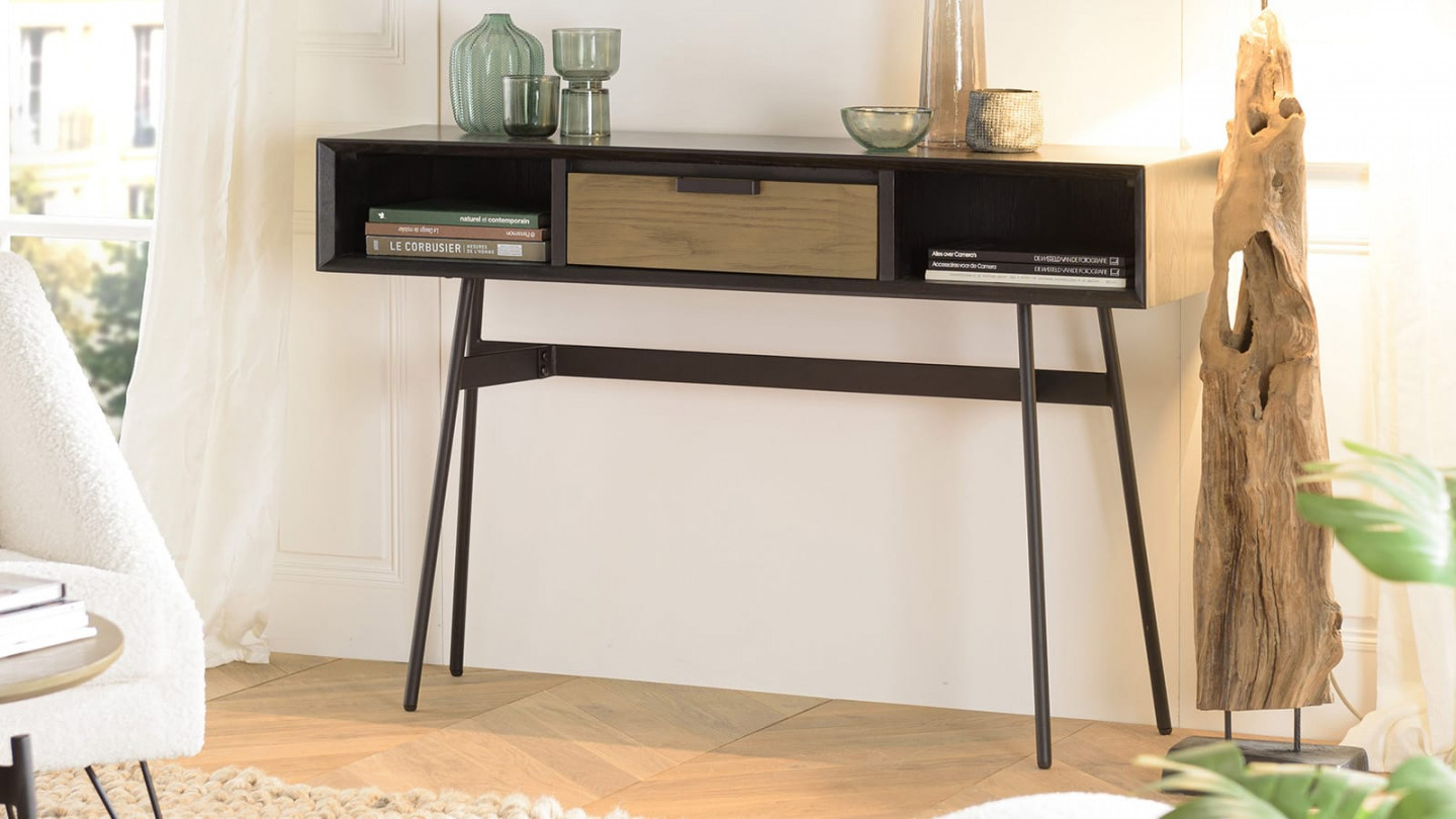 Console noire 130x35cm 2 niches 1 tiroir marron pieds métal noir ALMA