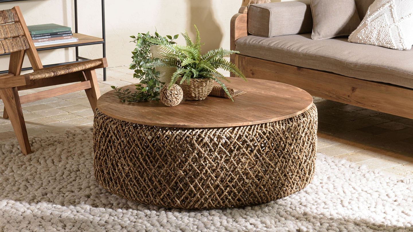 Table basse ronde 100x100cm en tissage de fibre de cocotier SIXTINE